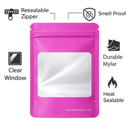 50 Pack – 28g Solid Color Mylar Bags with Square Window - Pink