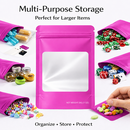 50 Pack – 28g Solid Color Mylar Bags with Square Window - Pink