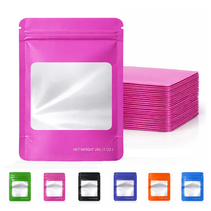 50 Pack – 28g Solid Color Mylar Bags with Square Window - Pink