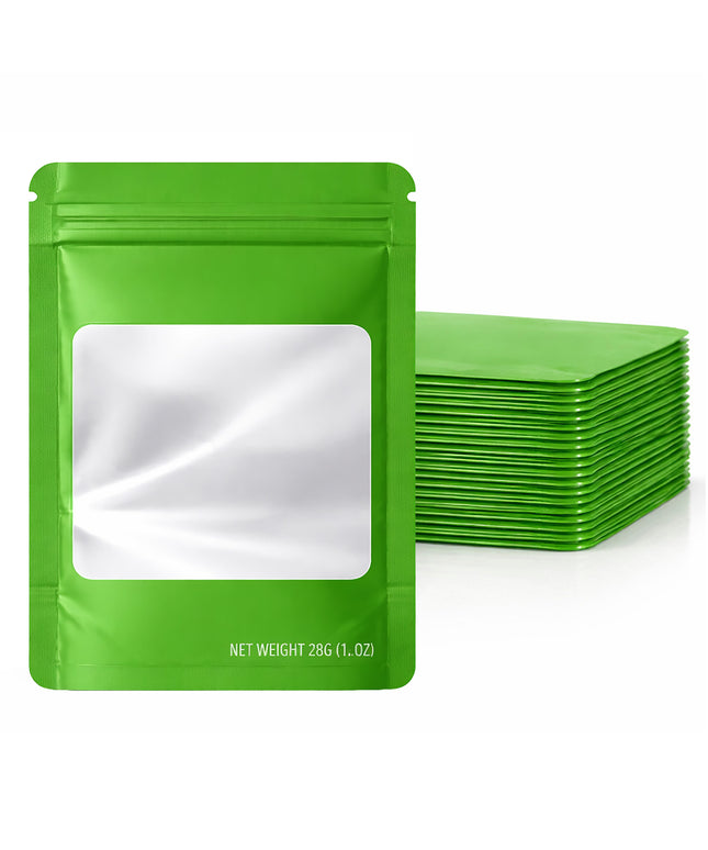 50 Pack – 28g Solid Color Mylar Bags with Square Window - Green