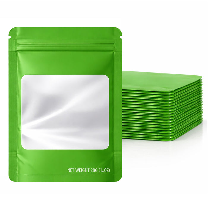 50 Pack – 28g Solid Color Mylar Bags with Square Window - Green