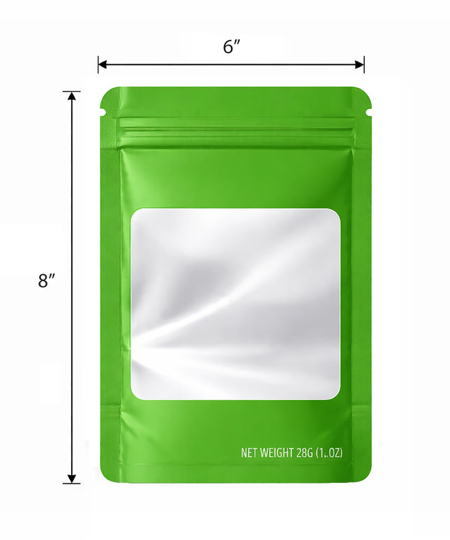 50 Pack – 28g Solid Color Mylar Bags with Square Window - Green