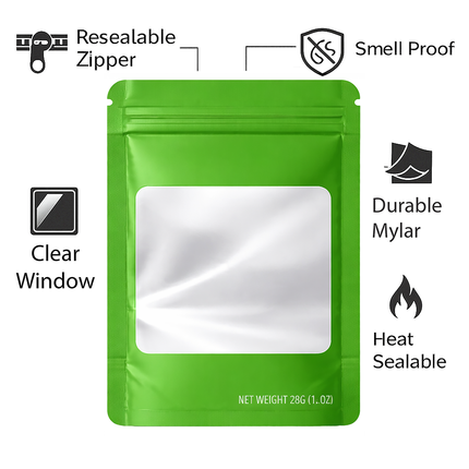 50 Pack – 28g Solid Color Mylar Bags with Square Window - Green