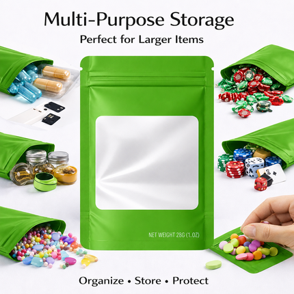 50 Pack – 28g Solid Color Mylar Bags with Square Window - Green