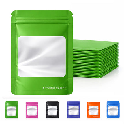 50 Pack – 28g Solid Color Mylar Bags with Square Window - Green