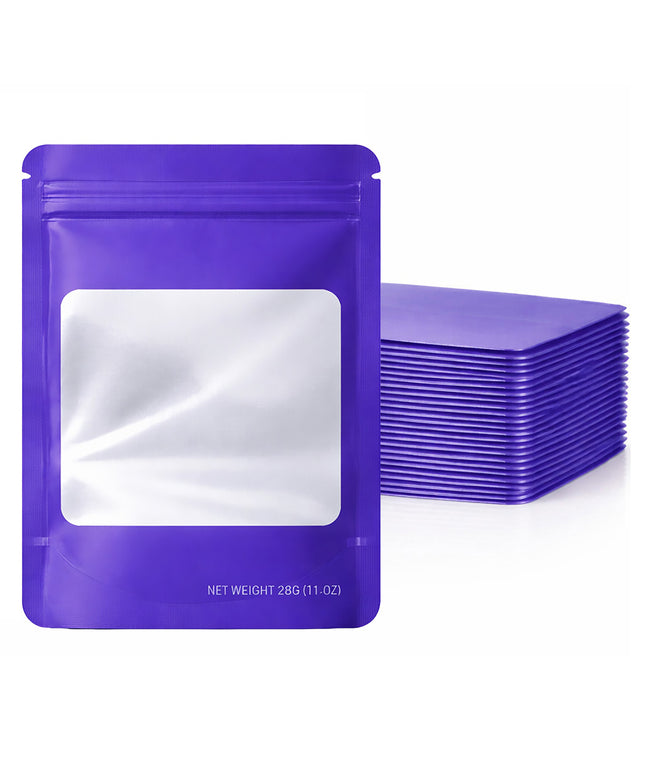 50 Pack – 28g Solid Color Mylar Bags with Square Window - Purple