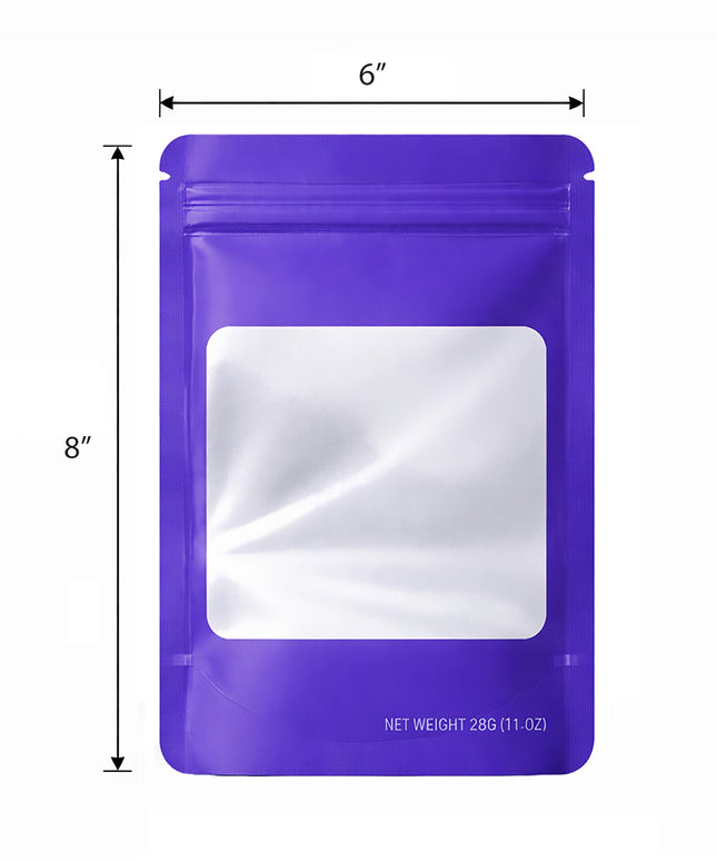 50 Pack – 28g Solid Color Mylar Bags with Square Window - Purple