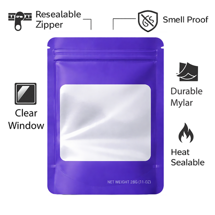 50 Pack – 28g Solid Color Mylar Bags with Square Window - Purple