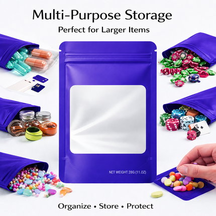 50 Pack – 28g Solid Color Mylar Bags with Square Window - Purple