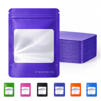 50 Pack – 28g Solid Color Mylar Bags with Square Window - Purple