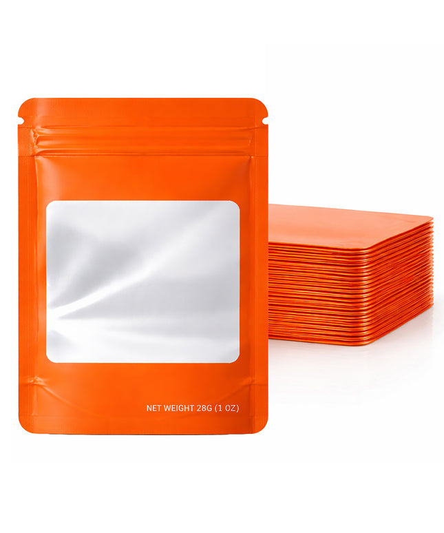 50 Pack – 28g Solid Color Mylar Bags with Square Window - Orange