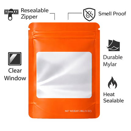 50 Pack – 28g Solid Color Mylar Bags with Square Window - Orange