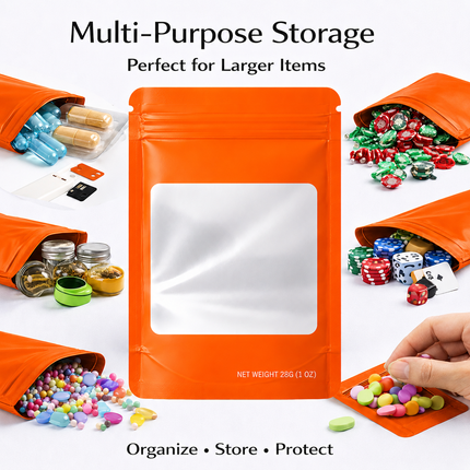 50 Pack – 28g Solid Color Mylar Bags with Square Window - Orange