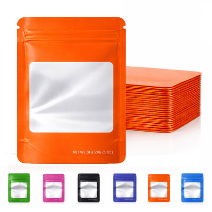 50 Pack – 28g Solid Color Mylar Bags with Square Window - Orange