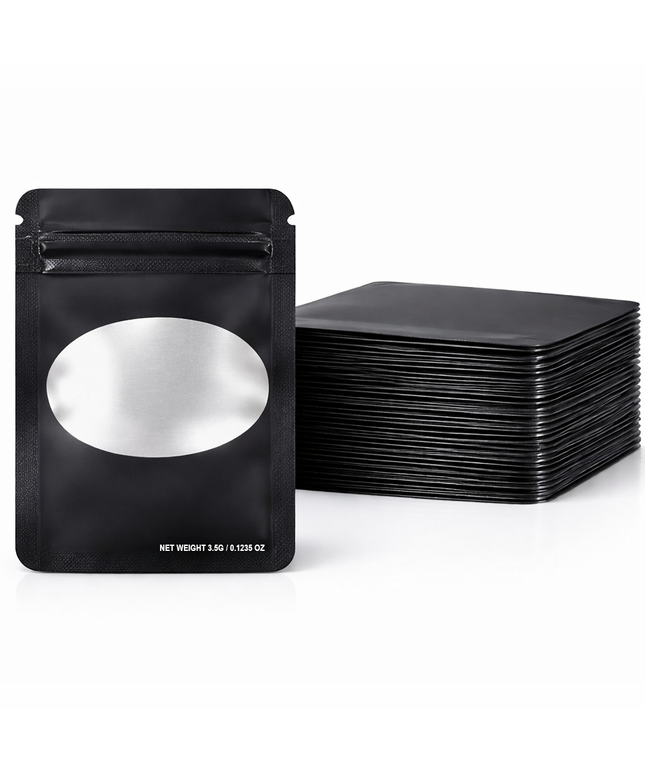 50 Pack – 3.5g Solid Color Mylar Bags with Oval Window - Black