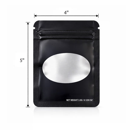 50 Pack – 3.5g Solid Color Mylar Bags with Oval Window - Black