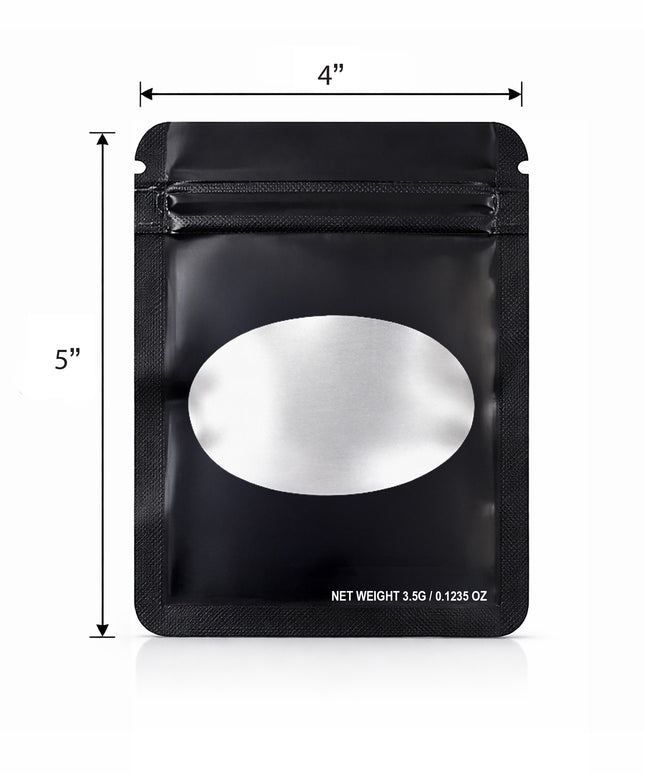 50 Pack – 3.5g Solid Color Mylar Bags with Oval Window - Black