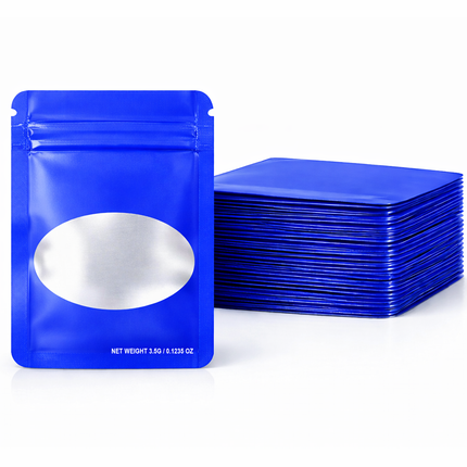 50 Pack – 3.5g Solid Color Mylar Bags with Oval Window - Blue