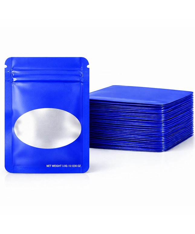 50 Pack – 3.5g Solid Color Mylar Bags with Oval Window - Blue