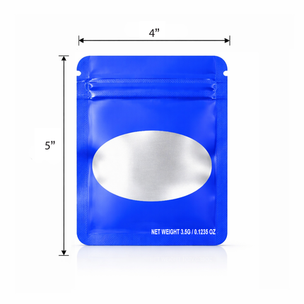 50 Pack – 3.5g Solid Color Mylar Bags with Oval Window - Blue
