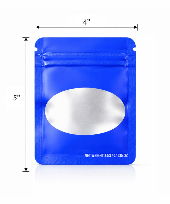 50 Pack – 3.5g Solid Color Mylar Bags with Oval Window - Blue
