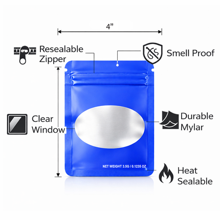50 Pack – 3.5g Solid Color Mylar Bags with Oval Window - Blue