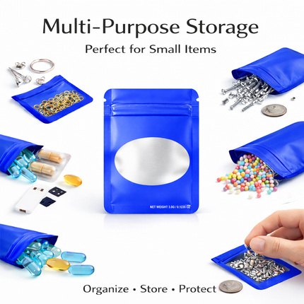 50 Pack – 3.5g Solid Color Mylar Bags with Oval Window - Blue