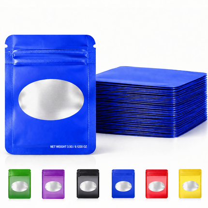50 Pack – 3.5g Solid Color Mylar Bags with Oval Window - Blue