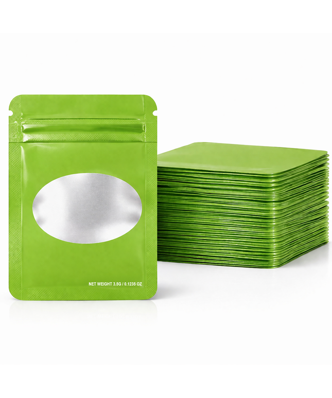 50 Pack – 3.5g Solid Color Mylar Bags with Oval Window - Green