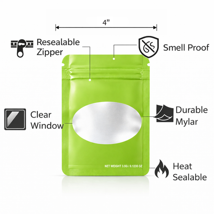 50 Pack – 3.5g Solid Color Mylar Bags with Oval Window - Green