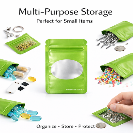 50 Pack – 3.5g Solid Color Mylar Bags with Oval Window - Green