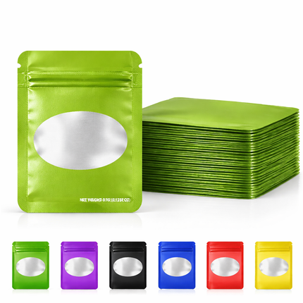50 Pack – 3.5g Solid Color Mylar Bags with Oval Window - Green