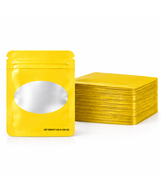 50 Pack – 3.5g Solid Color Mylar Bags with Oval Window - Yellow