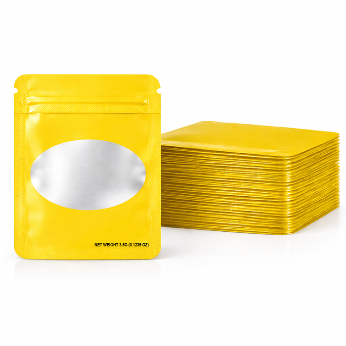 50 Pack – 3.5g Solid Color Mylar Bags with Oval Window - Yellow