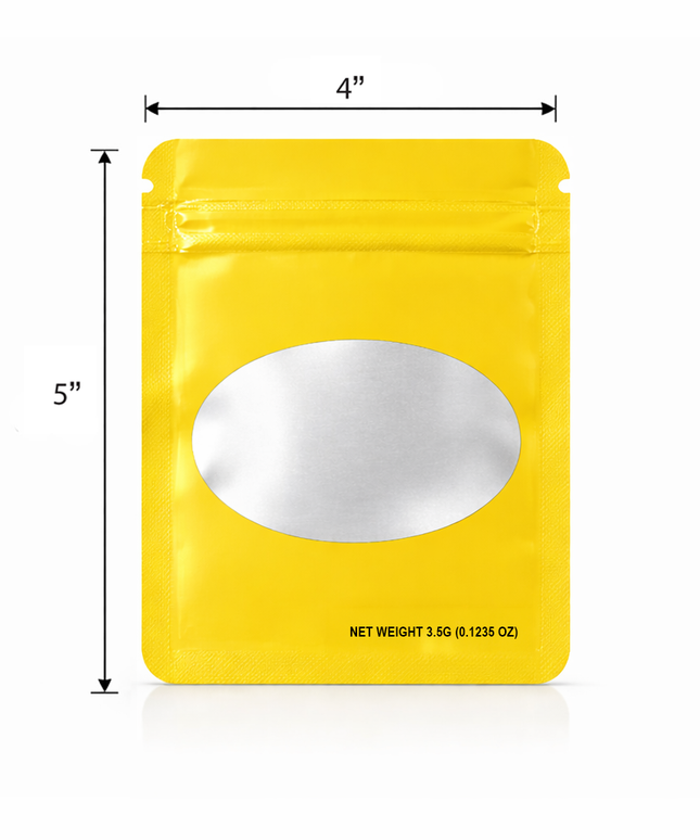 50 Pack – 3.5g Solid Color Mylar Bags with Oval Window - Yellow