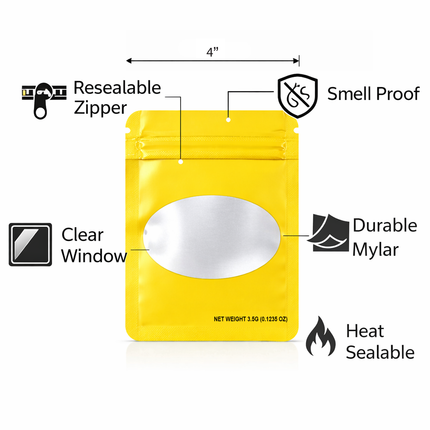 50 Pack – 3.5g Solid Color Mylar Bags with Oval Window - Yellow