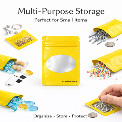 50 Pack – 3.5g Solid Color Mylar Bags with Oval Window - Yellow
