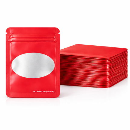 50 Pack – 3.5g Solid Color Mylar Bags with Oval Window - Red