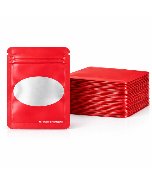 50 Pack – 3.5g Solid Color Mylar Bags with Oval Window - Red