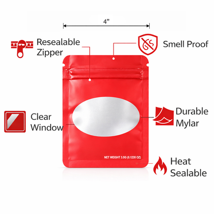 50 Pack – 3.5g Solid Color Mylar Bags with Oval Window - Red