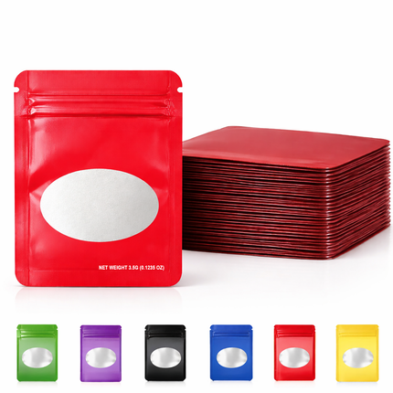 50 Pack – 3.5g Solid Color Mylar Bags with Oval Window - Red