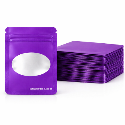 50 Pack – 3.5g Solid Color Mylar Bags with Oval Window - Purple