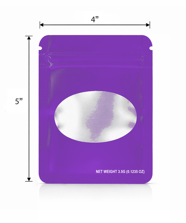 50 Pack – 3.5g Solid Color Mylar Bags with Oval Window - Purple