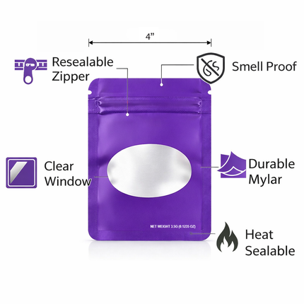 50 Pack – 3.5g Solid Color Mylar Bags with Oval Window - Purple