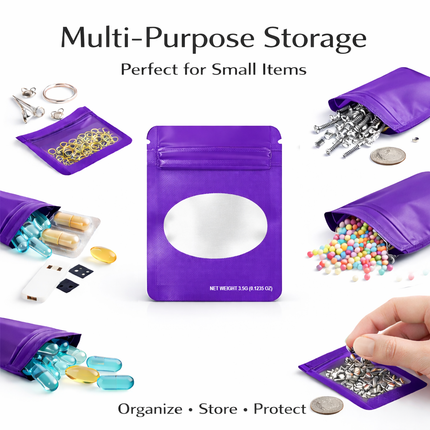 50 Pack – 3.5g Solid Color Mylar Bags with Oval Window - Purple