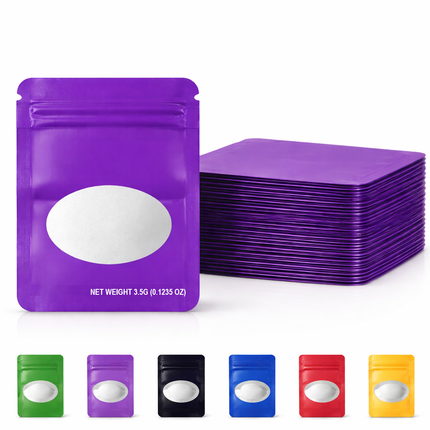 50 Pack – 3.5g Solid Color Mylar Bags with Oval Window - Purple