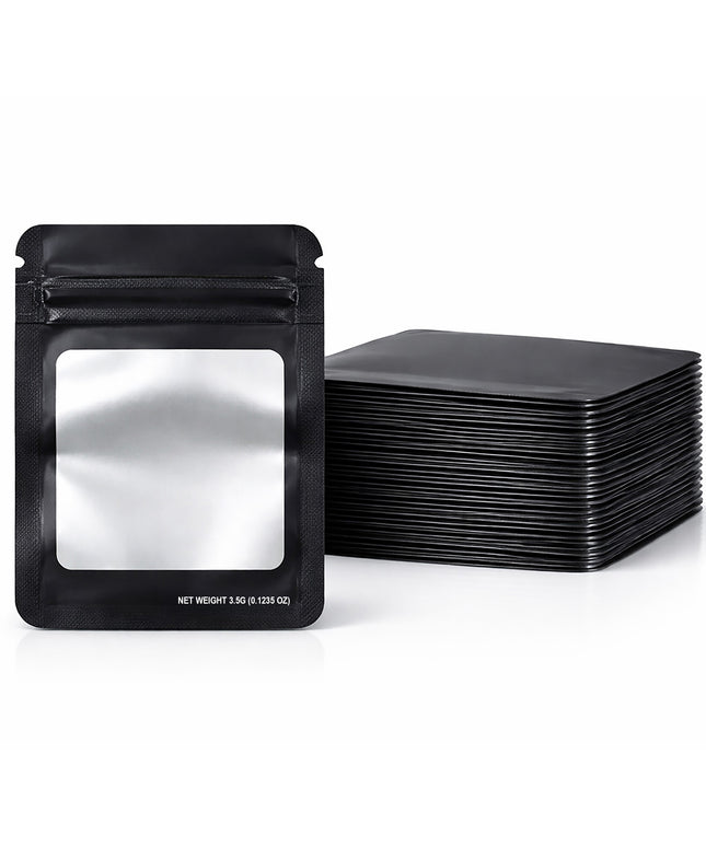 50 Pack – 3.5g Solid Color Mylar Bags with Square Window - Black