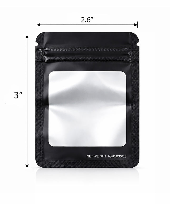 50 Pack – 3.5g Solid Color Mylar Bags with Square Window - Black