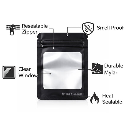 50 Pack – 3.5g Solid Color Mylar Bags with Square Window - Black