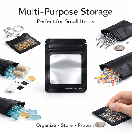 50 Pack – 3.5g Solid Color Mylar Bags with Square Window - Black